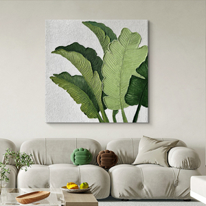 手绘油画家大业大客厅装饰画绿植物玄关肌理芭蕉叶立体正方形挂画