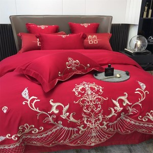 高端奢华婚庆全棉刺绣被套四件套大红色纯棉床单喜庆被罩床上用品