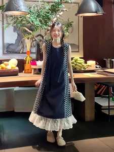 胖mm大码300斤韩系设计感假两件无袖连衣裙复古蕾丝拼接长裙女夏