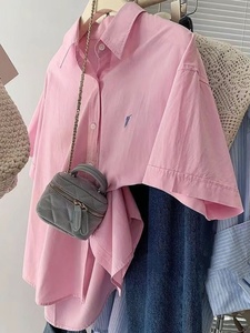 夏季新款减龄淡粉色纯棉短袖衬衫女宽松百搭衬衣开衫外穿休闲上衣