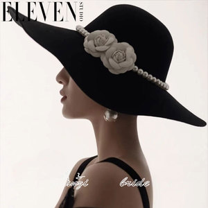 新款新娘帽子法式黑色大檐礼帽优雅复古赫本风英伦珍珠圆顶大沿帽