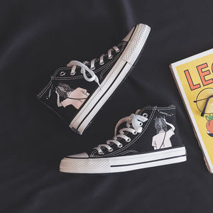 卡通涂鸦黑色高帮帆布鞋女2023春秋爆款百搭板鞋女网红女鞋子抖音
