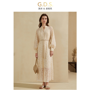 GDS品牌度假风法式气质蕾丝长袖宽松收腰新款复古连衣裙女高级感