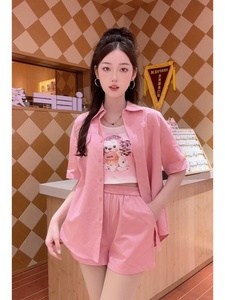 韩版时尚套装女夏季新款设计感小众粉色衬衫+背心+高腰短裤三件套