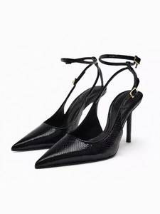ZA2024夏季新款御姐风性感尖头黑色高跟包头凉鞋蛇纹细跟穆勒鞋女