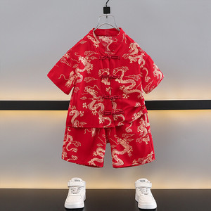 男童夏装清货汉服童装儿童夏季麻棉短袖两件tao中国风唐装衣服薄