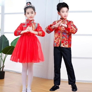 新年儿童演出服男女童幼儿园舞蹈服春节服装喜庆表演服拜年服唐装