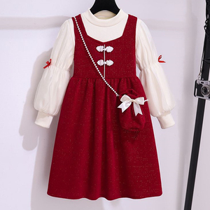 女童新年连衣裙套装秋冬季2024新款儿童装红色公主裙子女孩两件套