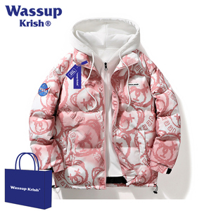 WASSUP KRISH棉衣女冬装高级感假两件情侣个性小熊印花连帽棉服男