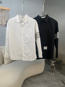 正品Thom browne/TB汤姆布朗23休闲灰白条纹衬衣男士翻领长袖衬衫