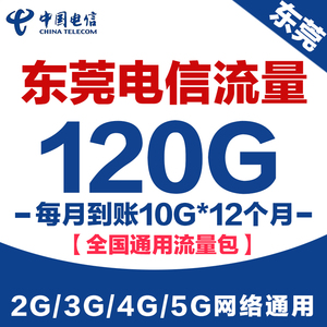 东莞电信流量充值120G广东电信每月到账10G*12个月全国通用流量包