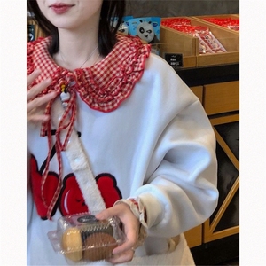 娃娃领套装卫衣草莓扣格仔衬衫涂鸦2024冬季加绒初高中女学生外套