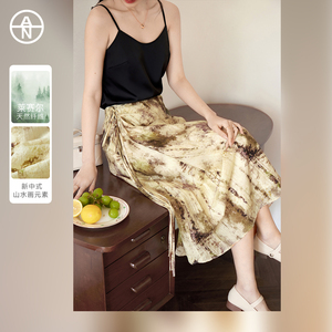 AN大码女装【国风山水画】胖mm新中式半身裙设计感不规则夏季裙子