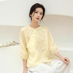 2024新中式女装复古中国风改良圆领黄色村衫女绣花唐装时尚套装夏