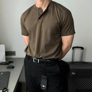 超大码300斤纯色简约门筒领短袖t恤男士夏季新款高级感商务风上衣