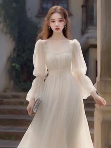 早春2024超仙女白色雪纺连衣裙度假风法式收腰蕾丝拼接公主长裙子