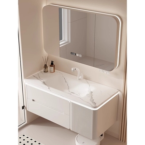 法恩莎新款智能浴室柜热弯岩板一体盆卫生间橡木洗手盆洗漱台镜柜