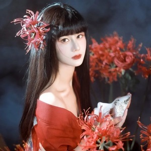超仙新娘花朵发簪红色真彼岸花中国风汉服新中式写真摄影发饰女