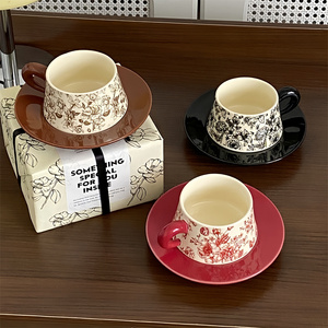 法式复古素描繁花咖啡杯碟套装黑色高档精致下午茶陶瓷杯子