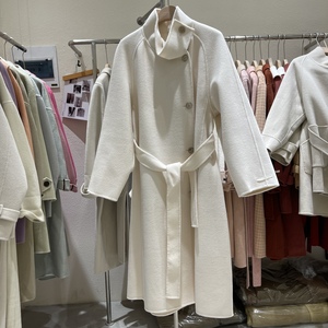 冬季米白色双面羊绒大衣女中长款2024年新款高端立领修身毛呢外套