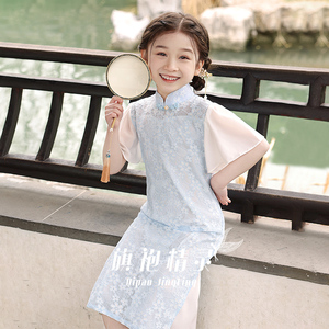蓝色旗袍女童中国风夏季民国小女孩连衣裙新中式儿童旗袍裙中大童