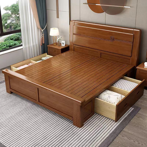 双虎家居新中式实木床1.8米大床1.5M双人床经济型简约现代家具主