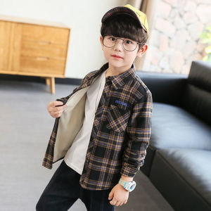 韩系男童秋冬装上衣帅气童装加绒格子衬衫加厚儿童中大童衬衣洋气