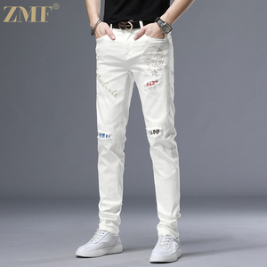 ZMF高端白色牛仔裤男士欧货潮流烫钻印花修身小脚弹力休闲长裤子