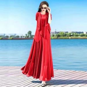 大红色雪纺连衣裙女夏套装裙2024流行气质修身显瘦长裙开衫两件套