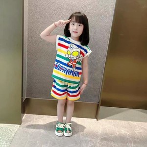 女童奥特曼纯棉带灯套装新款儿童夏季T恤男童女宝宝发光彩虹背心