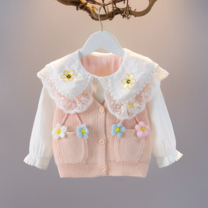 女宝宝春韩版0-1-2-3-4岁童装毛衣马甲两件套婴儿洋气上清仓