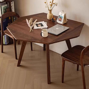 北欧实木黑胡桃木折叠餐桌现代简约伸缩八角方桌圆桌两用桌椅组合