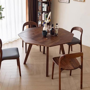 北欧实木黑胡桃木折叠餐桌现代简约伸缩八角方桌圆桌两用桌椅组合