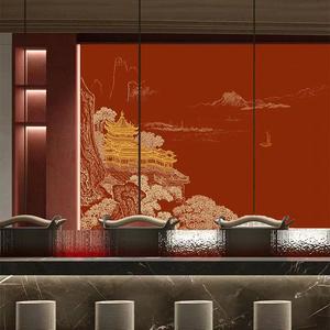 中式壁纸复古中国风阁楼建筑墙纸酒红色酒店餐厅包间山水画背景墙