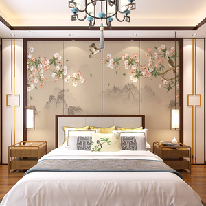 新中式海棠花鸟背景墙硬包卧室书房电视背景刺绣客厅沙发酒店软包