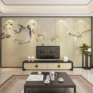 新中式花鸟电视背景墙硬包客厅沙发影视墙装饰软包卧室床头刺绣布