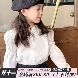 小猪班纳旗舰店官方童装女童衬衫长袖2023秋冬款洋气白色衬衣时髦