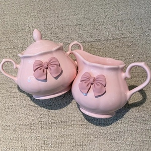 网红蝴蝶结粉色陶瓷奶罐糖罐高颜值奶壶下午茶欧式套装陶瓷奶壶