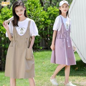 韩系中大童女童夏装2024新款9夏季12两件套装儿童15岁短袖背带裙