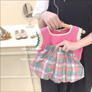 韩版女童新品套装夏季时髦洋气女宝宝粉色针织背心格纹花苞短裤两