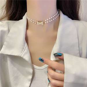 Sweet Double-layer Pearl Bow Necklace Women's Super Fairy Cl