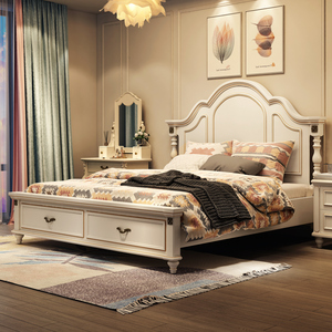 全友家私美式床白色 实木床主卧1.8米双人床法式婚床 高箱现代简