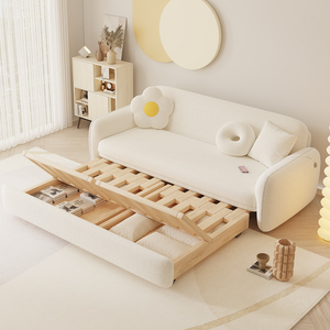 实木可折叠储物两用羊羔绒沙发床拆洗多功能小户型奶油风三人沙发