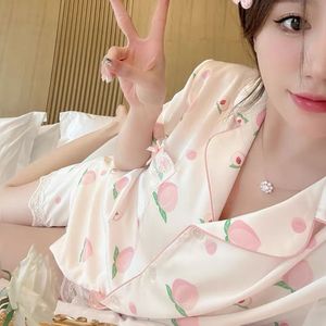 巴拉巴柆韩系冰丝睡衣女夏天短袖甜美可爱仿真丝高级感薄款蕾丝边
