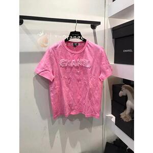 chanel香奈儿2023新款女装粉色字母logo做旧圆领短袖t恤