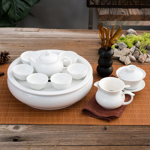 家用纯白功夫陶瓷茶具套装带盖碗茶壶圆形茶船储水茶盘组合