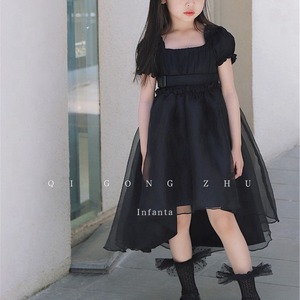 女童中长款礼服连衣裙赫本风儿童黑色复古气质燕尾方领小公主裙子