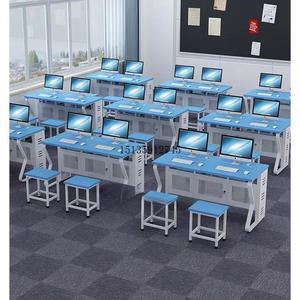 机房电脑桌学校学生一体机木制双人三人多媒体微机室培训桌教室机