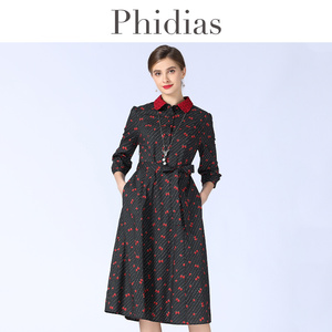 Phidias2023年春新款法式印花连衣裙修身显瘦中长款长袖衬衫裙女