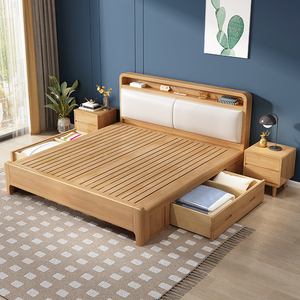 全友家私北欧实木床现代简约双人主卧大床1.8米卧室储物箱体床1.5